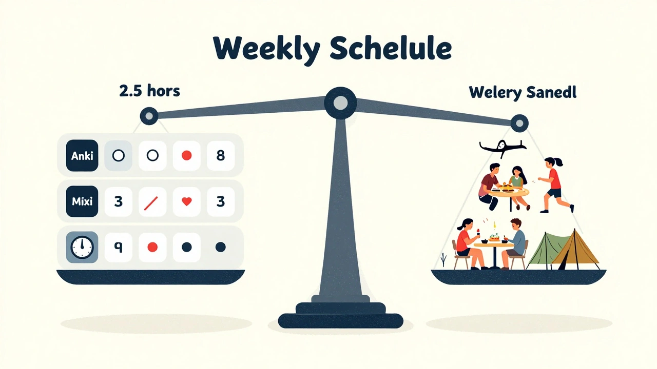 Balanced scale showing study time and personal life activities for a healthy routine.