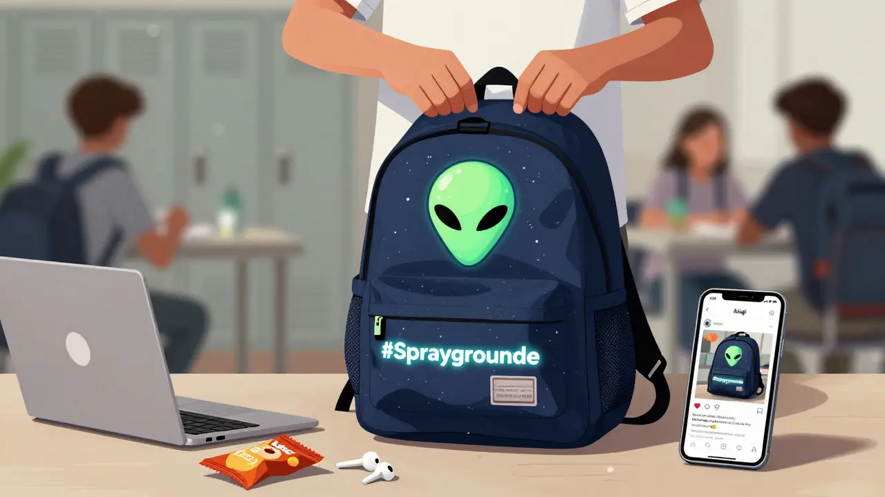 Close-up of a teen's hands holding a Sprayground backpack with an alien design, phone showing social media post.