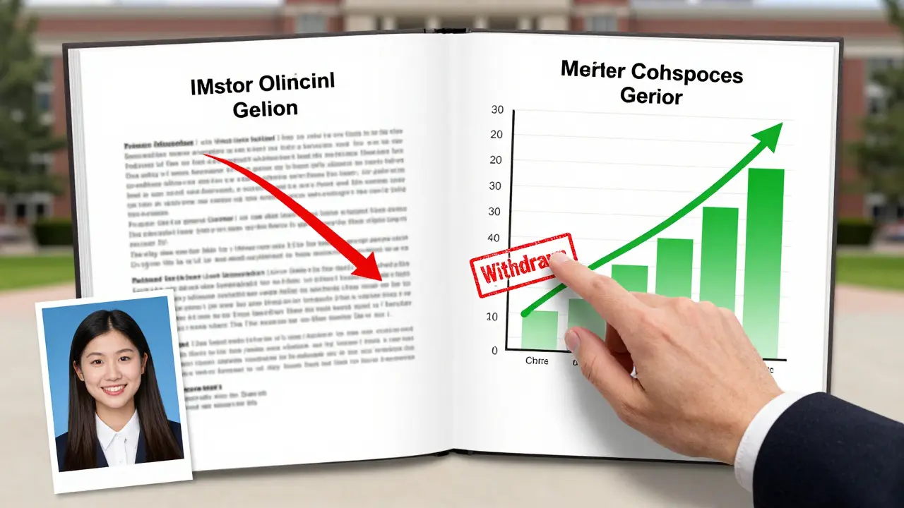 College admissions officer reviewing a transcript with declining junior year grades and rising senior year curve.
