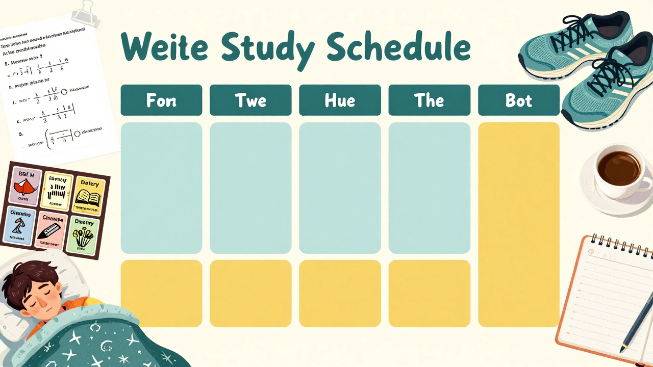 Colorful weekly study schedule showing subjects, breaks, and balance between academics and rest.