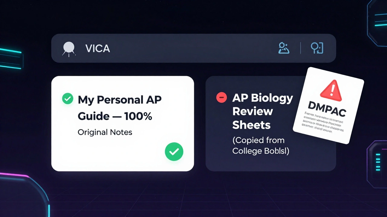 Contrasting digital listings: one original study guide approved, another flagged with DMCA takedown notice.