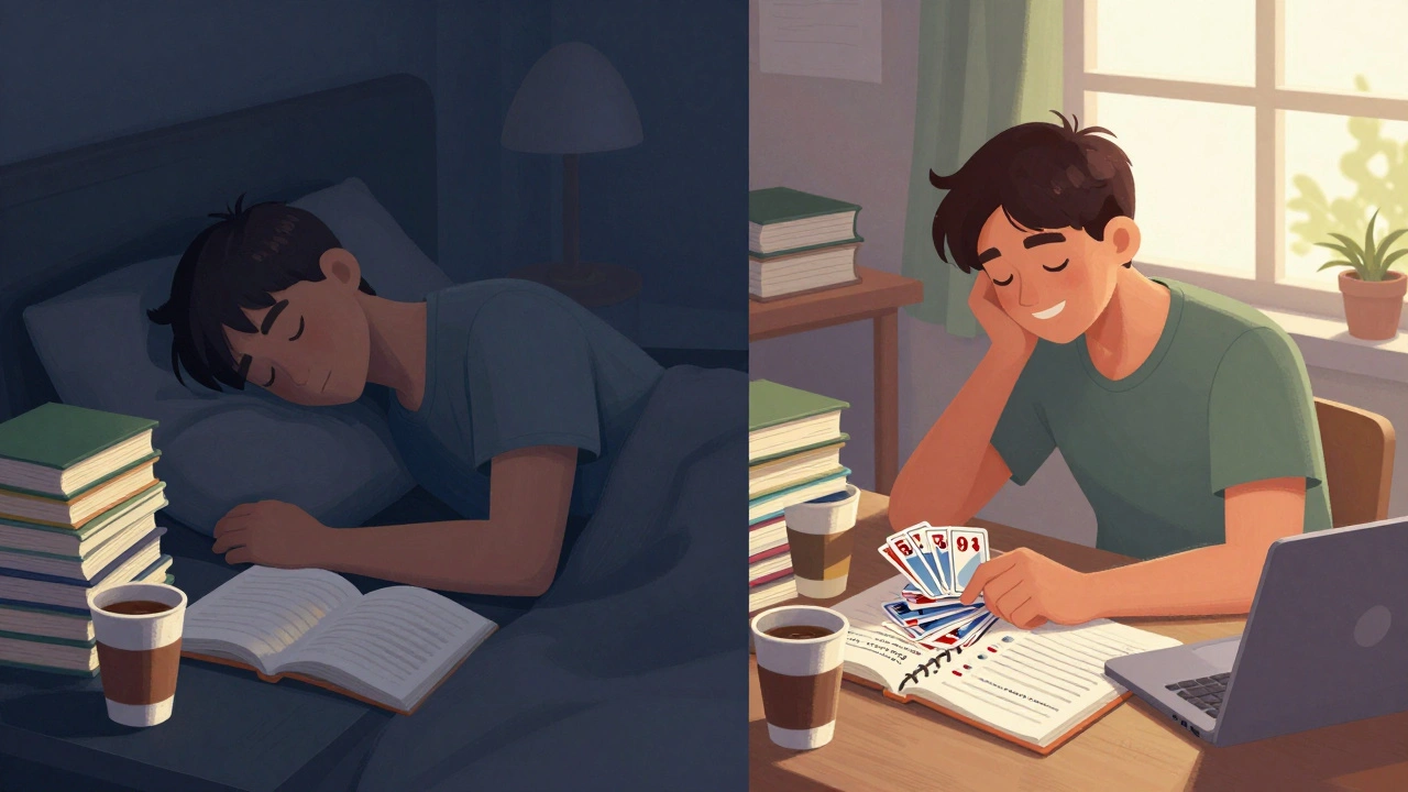 Contrasting scenes of a tired student cramming versus a rested student studying effectively.