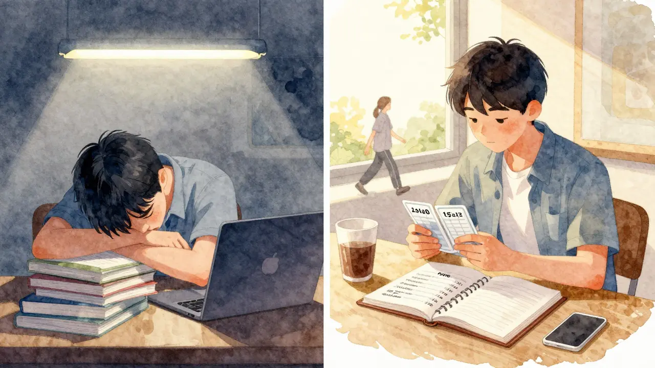 Contrasting study methods: stressed cramming vs. focused learning with outdoor break.