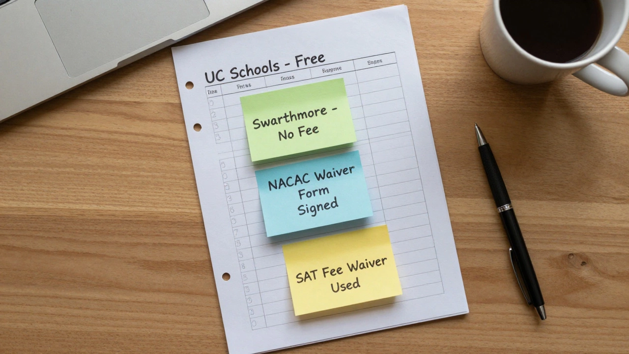 Desk with college application checklist and fee waiver notes