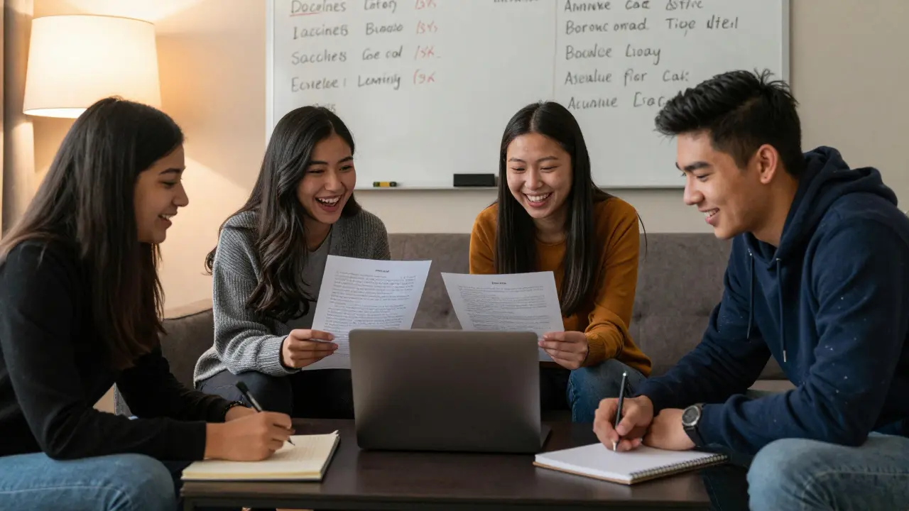 Four students sharing essay feedback during a collaborative study session