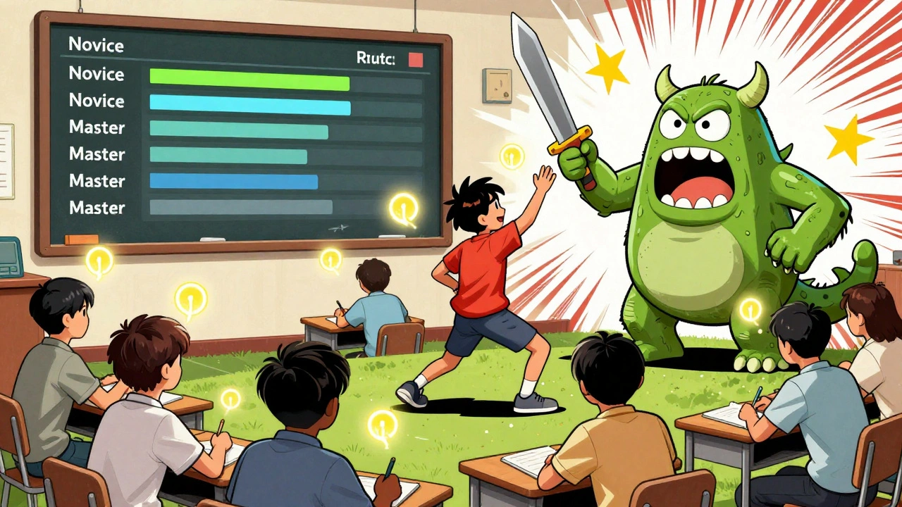 Gamified classroom where students level up by solving math challenges, with glowing XP and a defeated &#039;Quadratic Boss&#039;.