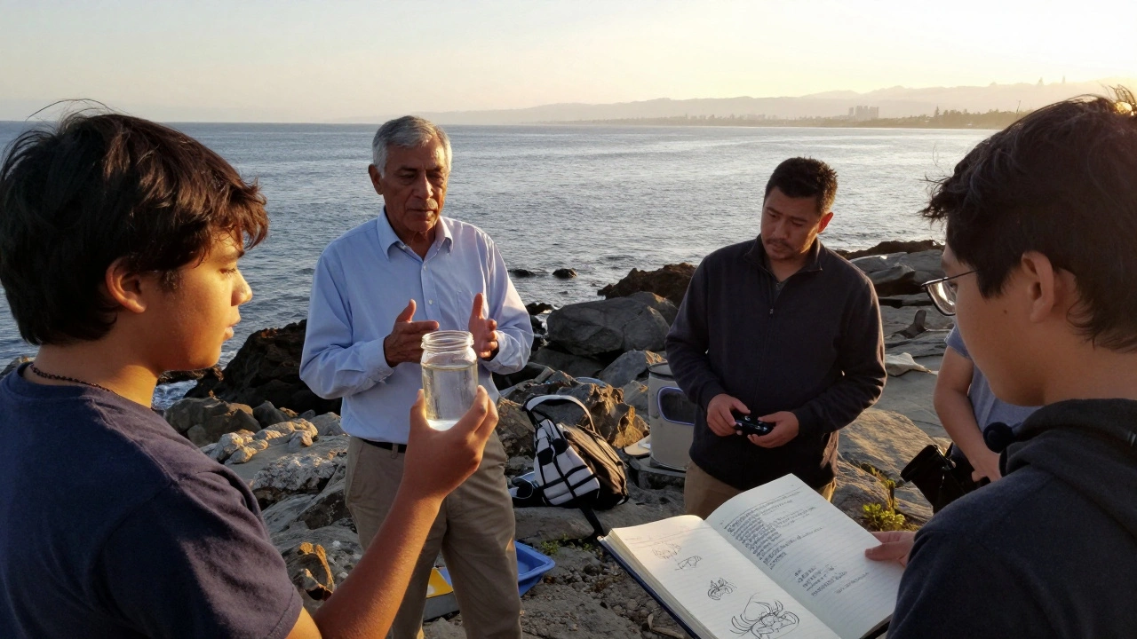 High school student collecting water samples with a marine biologist on a California coastline at sunset.