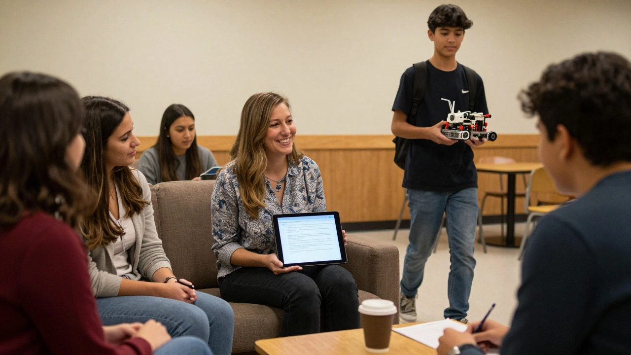 Parents and teachers connect in a school lounge, discussing student progress.