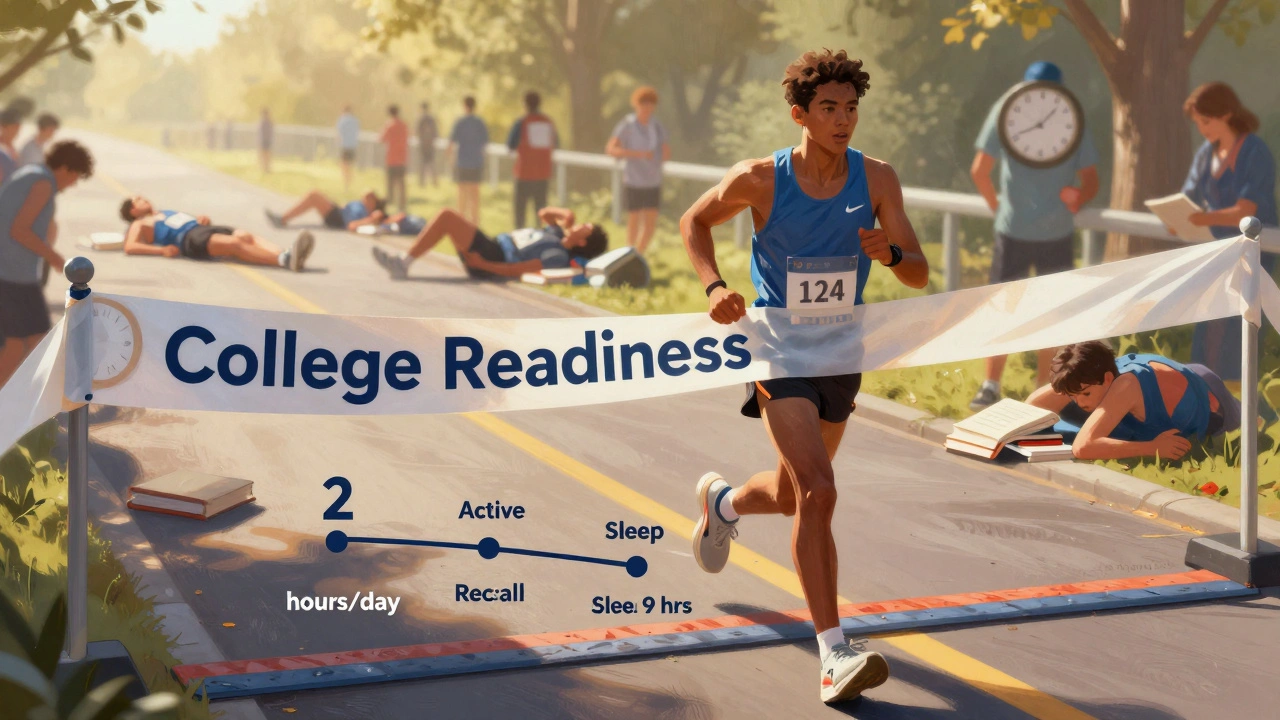 Runner crossing finish line labeled 'College Readiness' with healthy study habits as milestones.