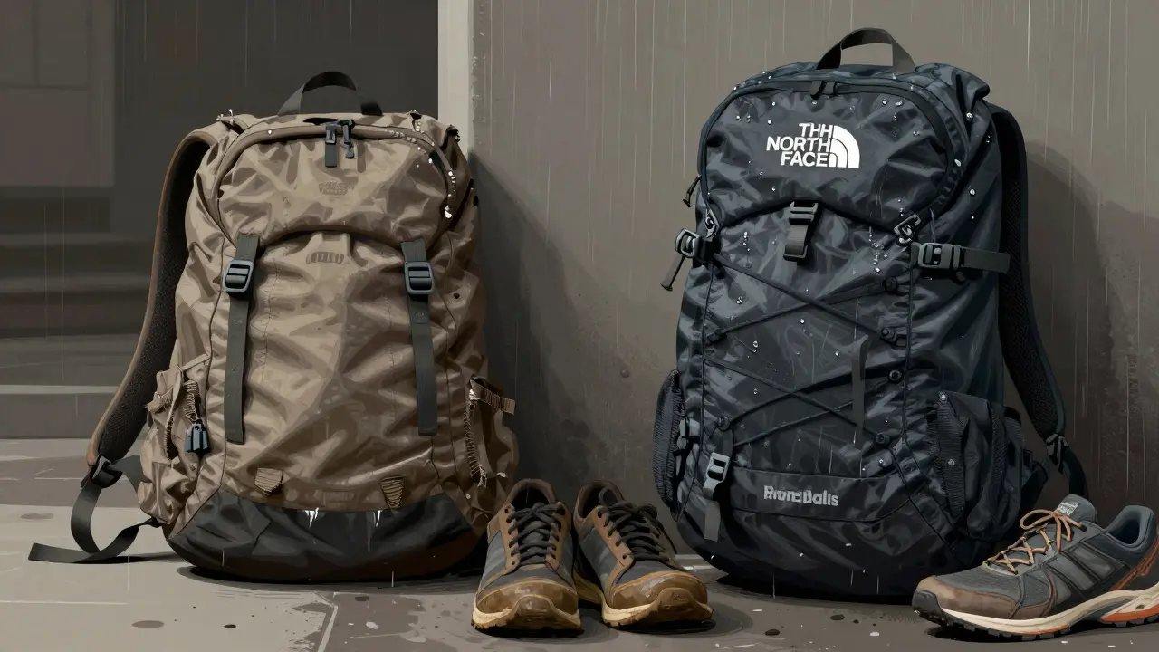 Side-by-side comparison of a damaged backpack versus a high-quality one with reinforced stitching and water-resistant material.