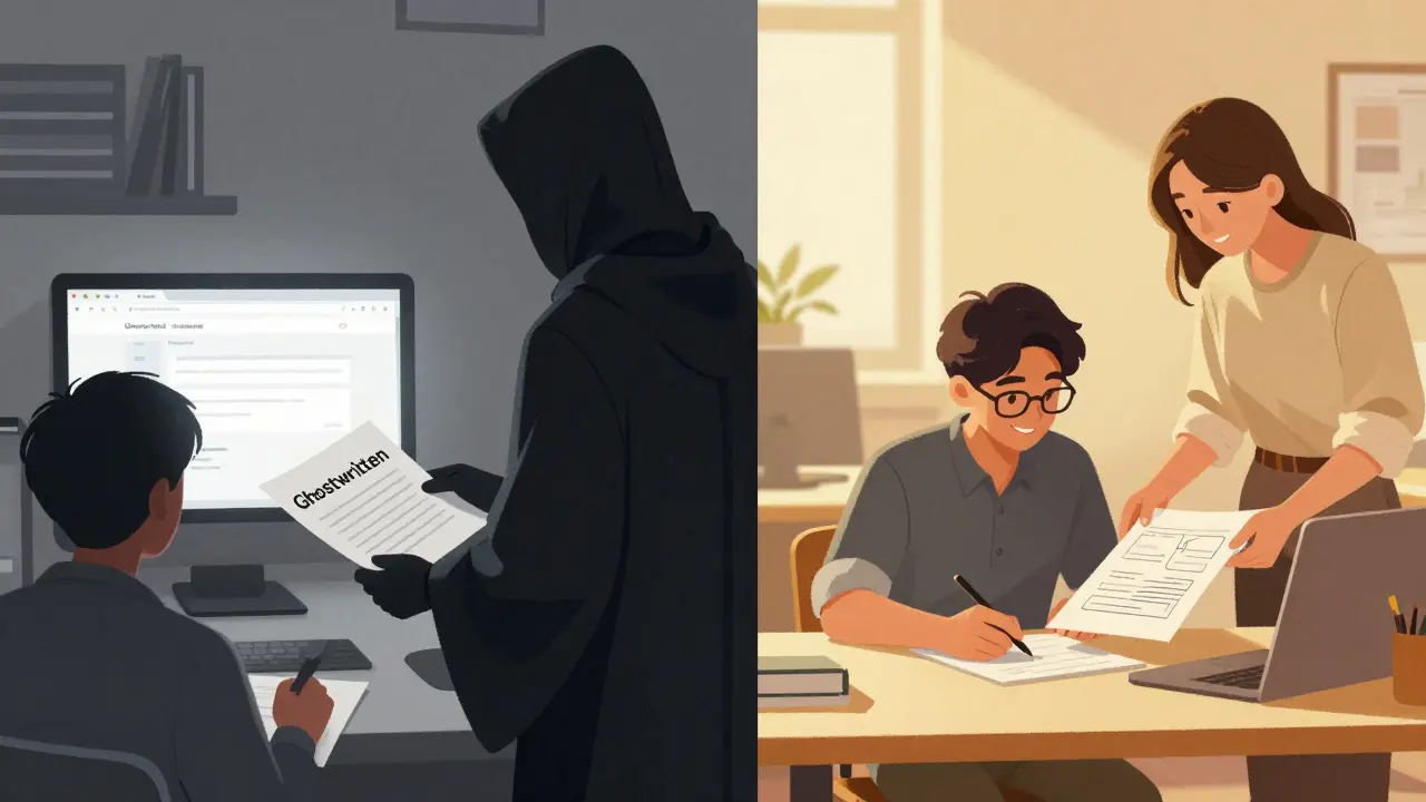 Split image: one side shows cheating with a shadowy figure, the other shows a student getting help at a writing center.