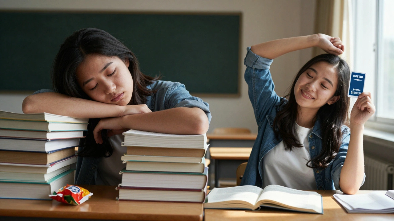 Split image: one side shows exhausted student with clutter, other shows refreshed student after study break.