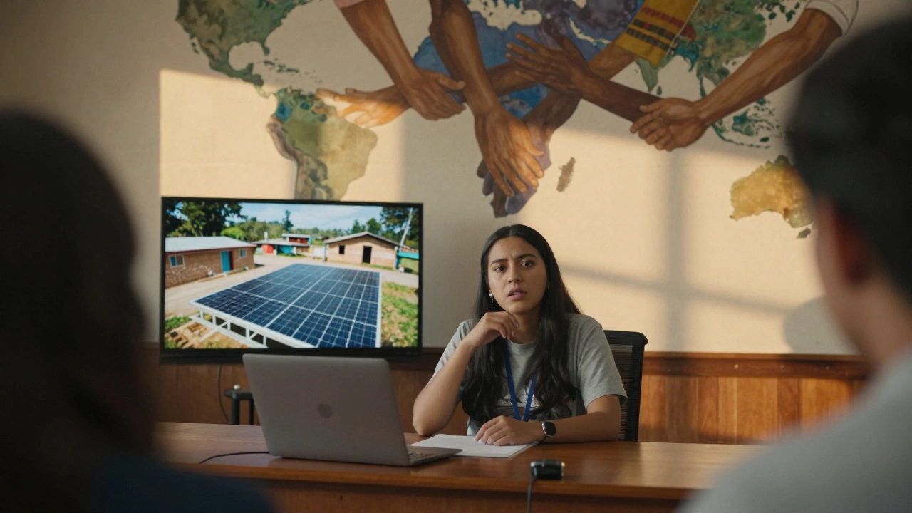 Student presenting a documentary on solar water filters to a city council.