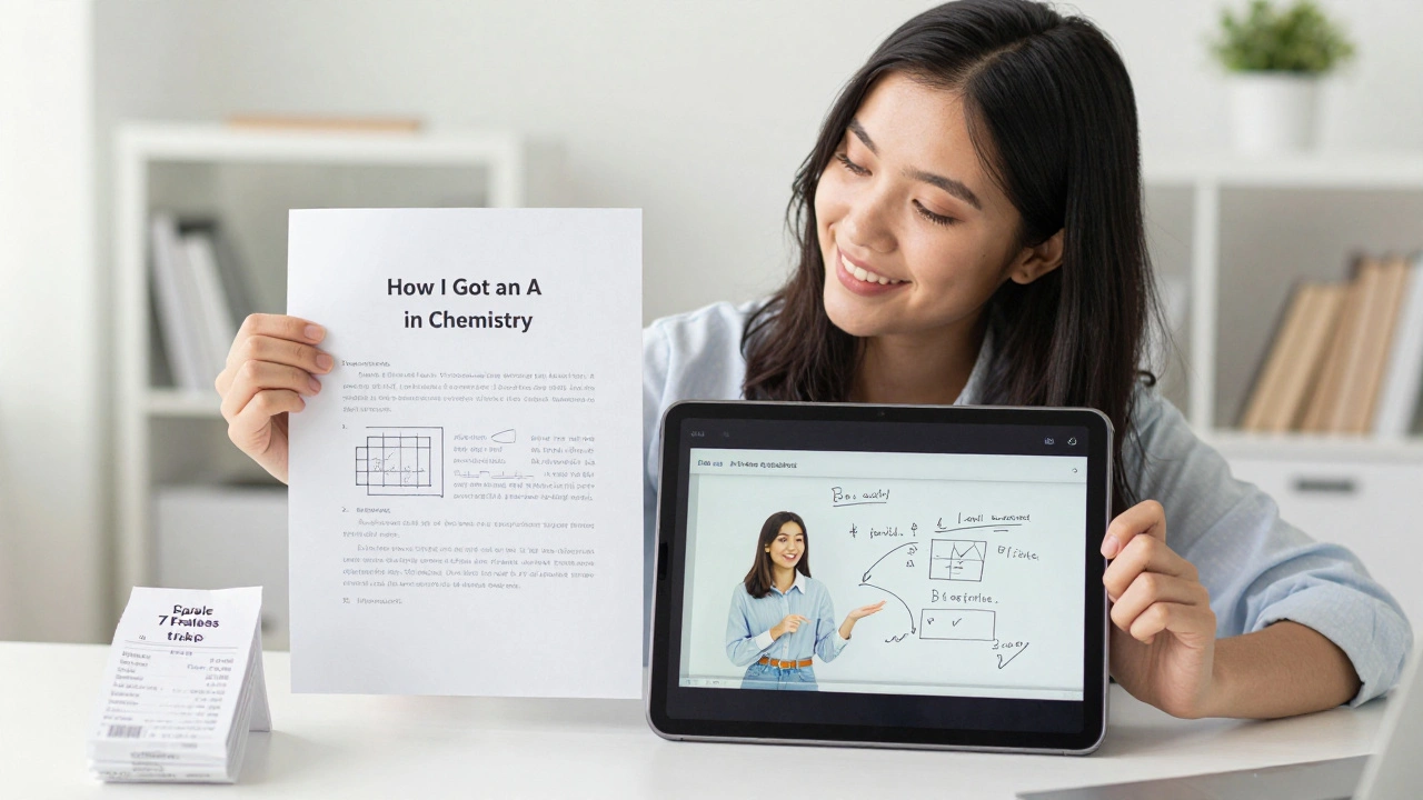 Student selling a self-made chemistry study guide, shown with her TikTok video and sales receipts.