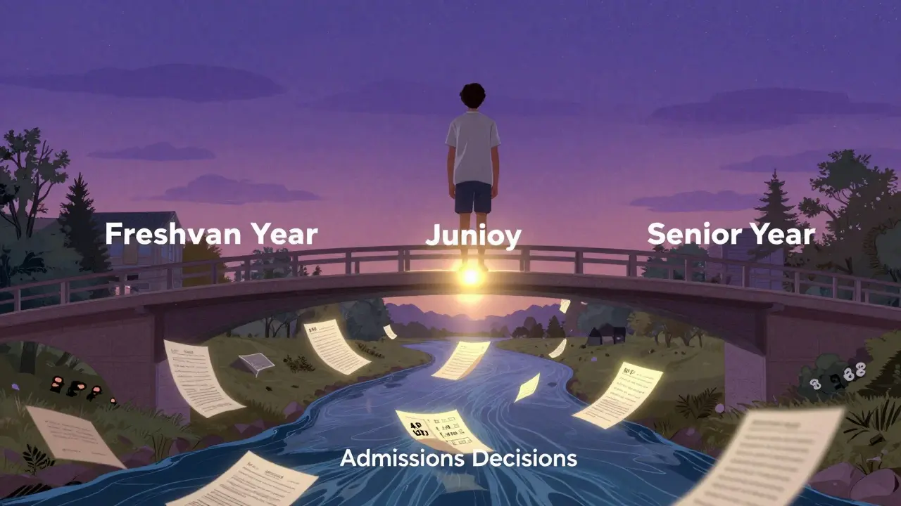 Student standing on a bridge of academic years, with junior year glowing brightly in the center.