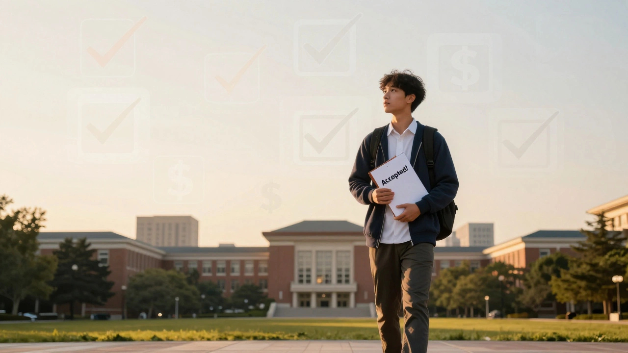 Student walking on campus with acceptance folder, college buildings behind