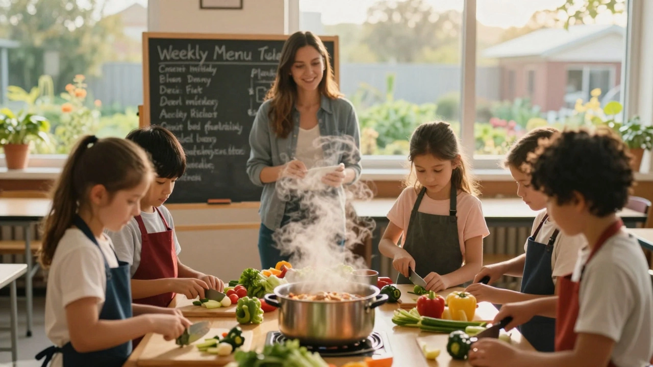Students cooking fresh meals in a school cafeteria turned into a food literacy lab.