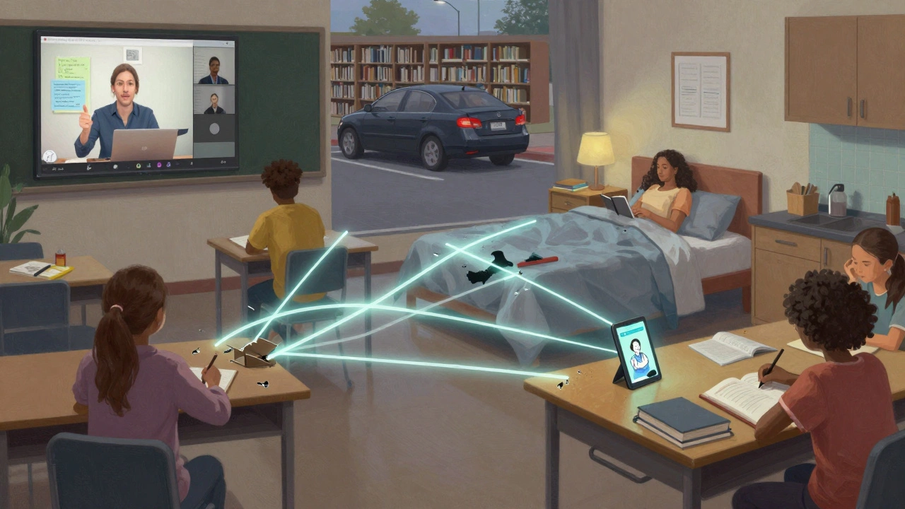 Students learning from different locations—car, bedroom, kitchen—connected by glowing threads to a teacher on a Zoom screen.