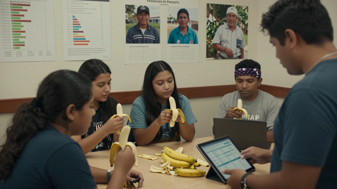 Students tracking a banana&#039;s global journey with data charts and worker photos.