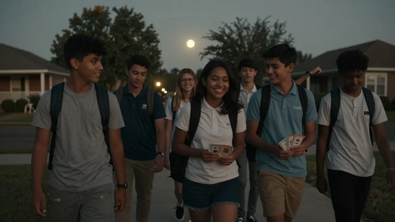 Students walking home together after study, calm and connected under moonlight.