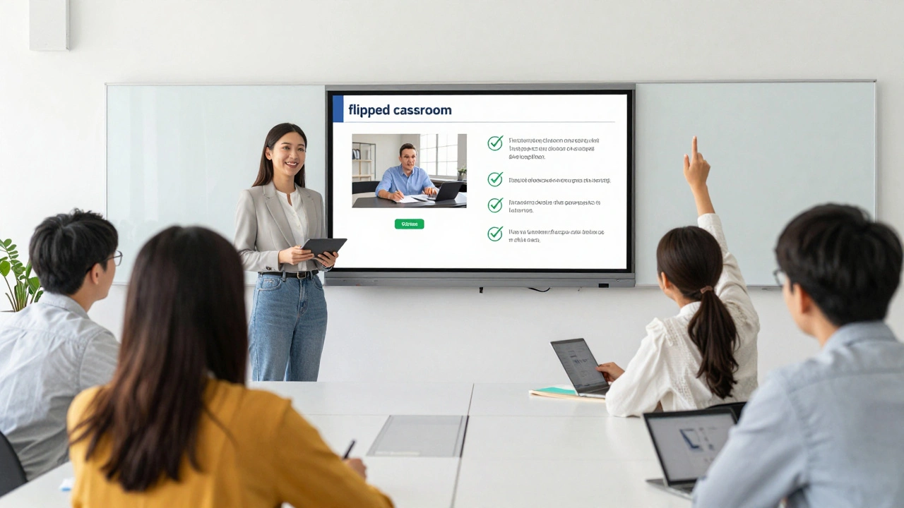 Students working collaboratively in a classroom with a digital screen showing a flipped lesson.