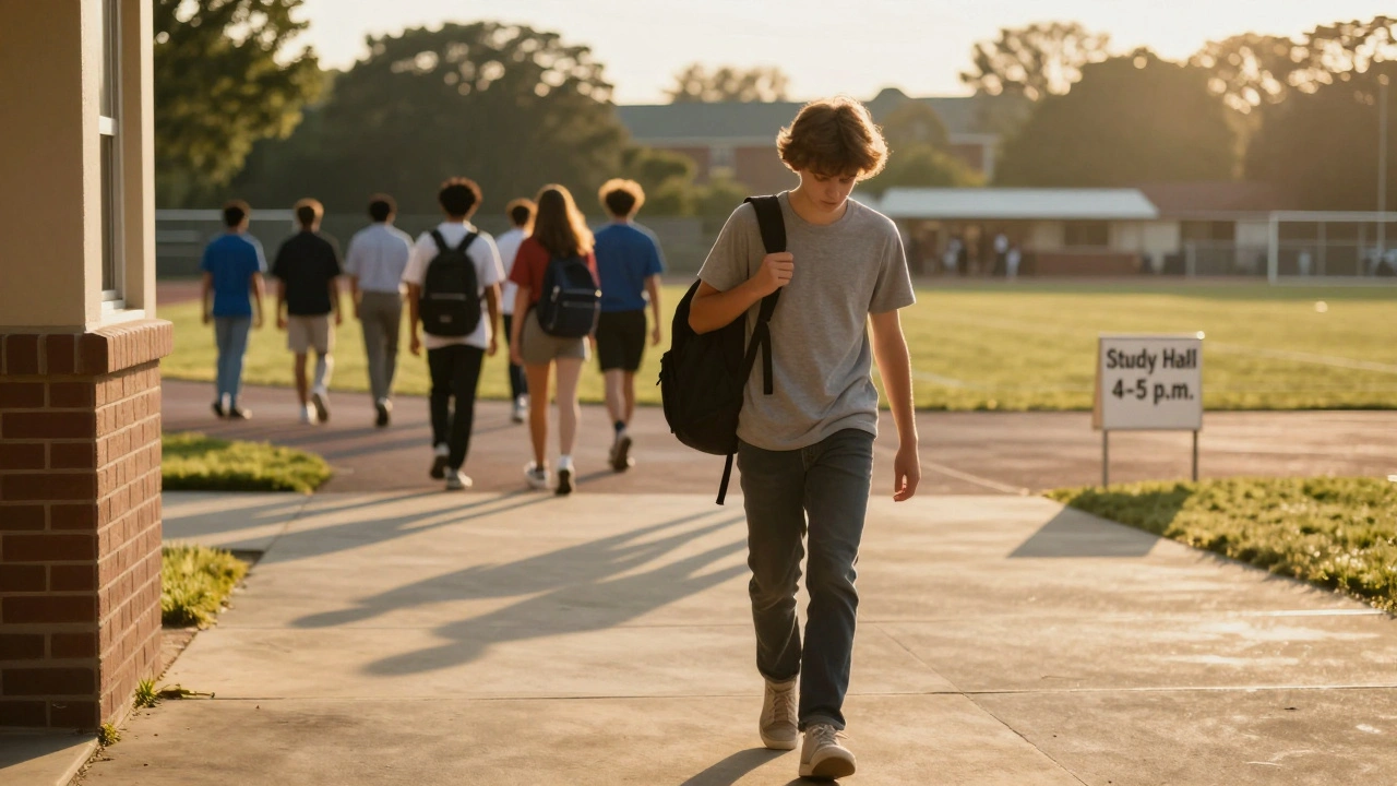 Teen leaving school at end of day, backpack on shoulder, golden light behind