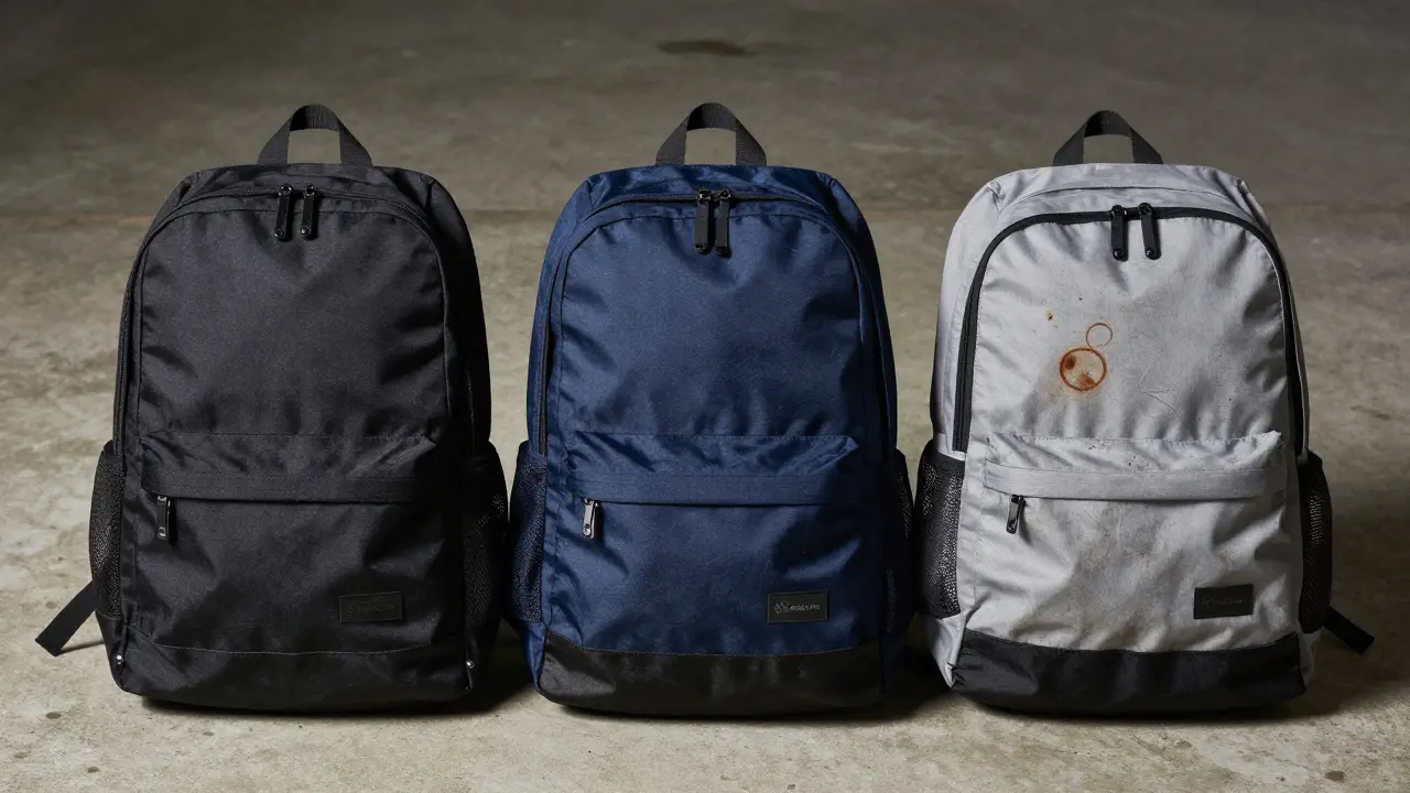 Three identical backpacks in black, navy, and gray show stark differences in wear, highlighting durability.