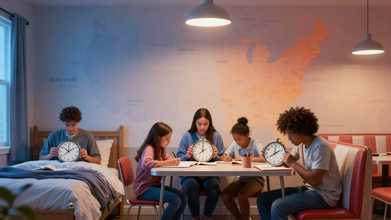 Three students in different settings with clocks showing 2, 4, and 6 hours of homework each.