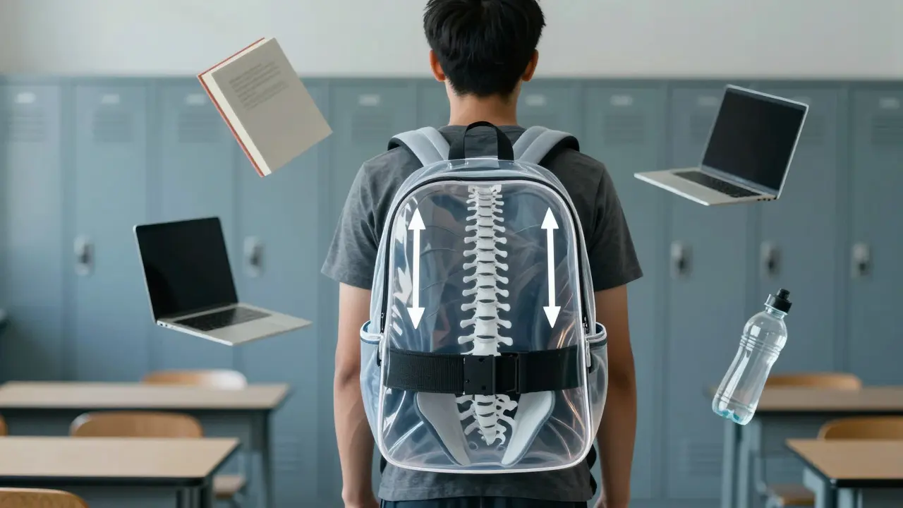 Transparent backpack showing weight shifting from shoulders to hips with ergonomic support features.