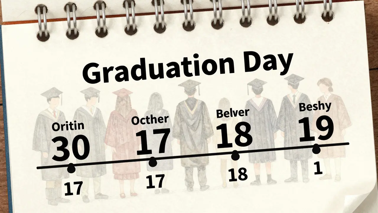Watercolor timeline showing four students' birthdates and corresponding ages at graduation