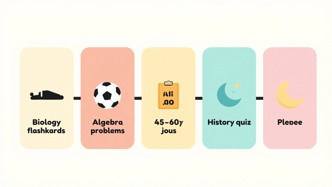 Weekly study schedule with icons for subjects, sports, and sleep, showing balanced student life.