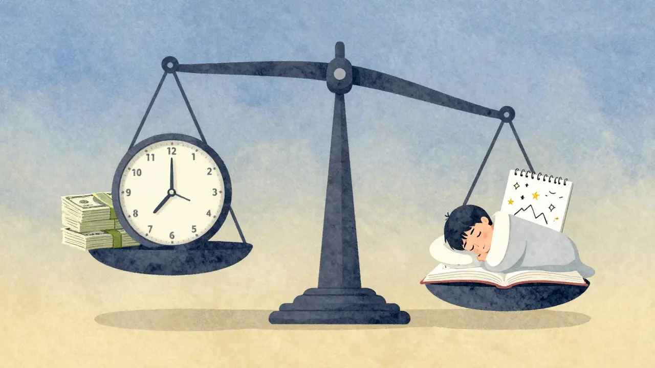 A balance scale weighing money and late hours against sleep, books, and creativity.