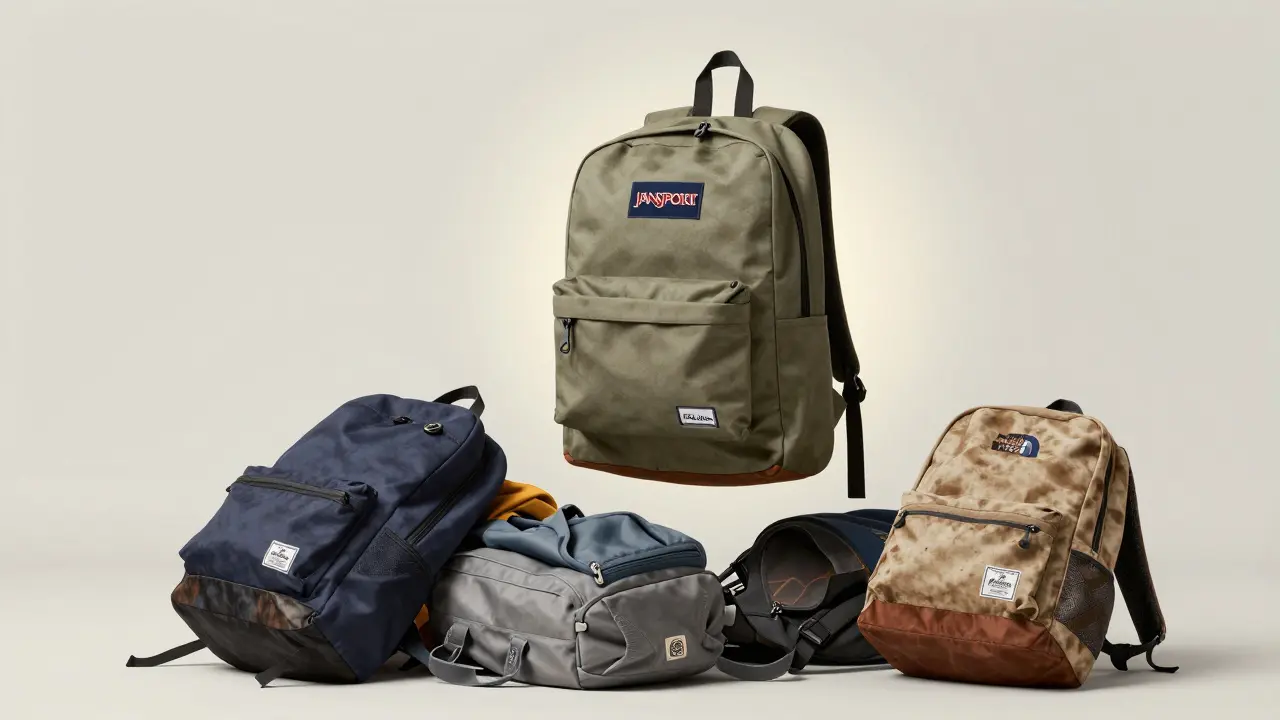 A durable JanSport FlexPack hovering above broken backpacks, symbolizing long-lasting quality.