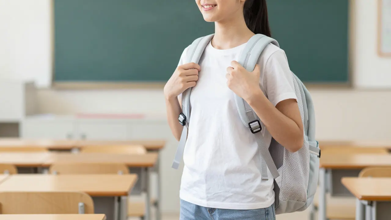 A girl smiling while adjusting the sternum strap of her Herschel Settlement backpack, standing tall with good posture.