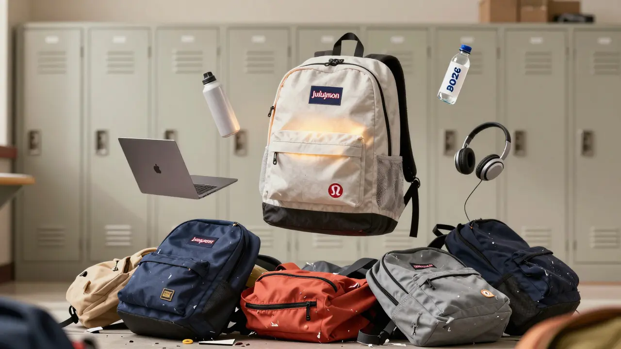 A pristine Lululemon backpack floating above a pile of ruined cheap backpacks, symbolizing durability and quiet status.