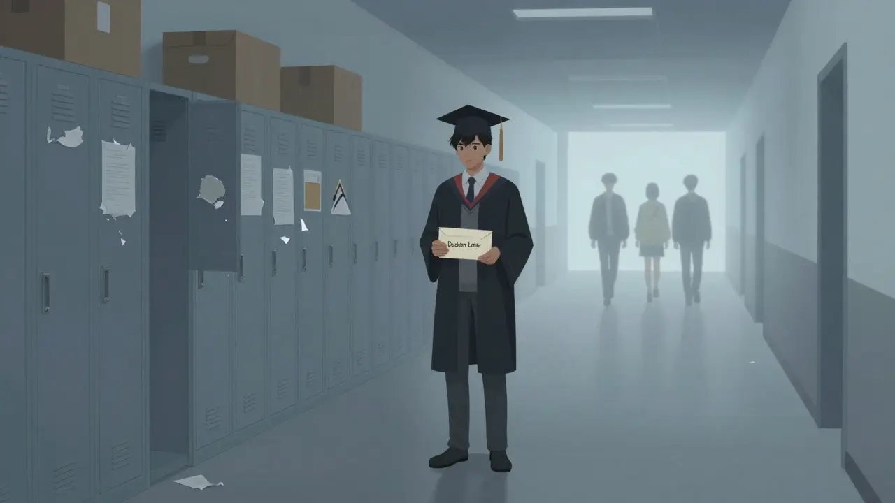 A senior standing alone in an empty hallway holding a college decision letter as friends leave.