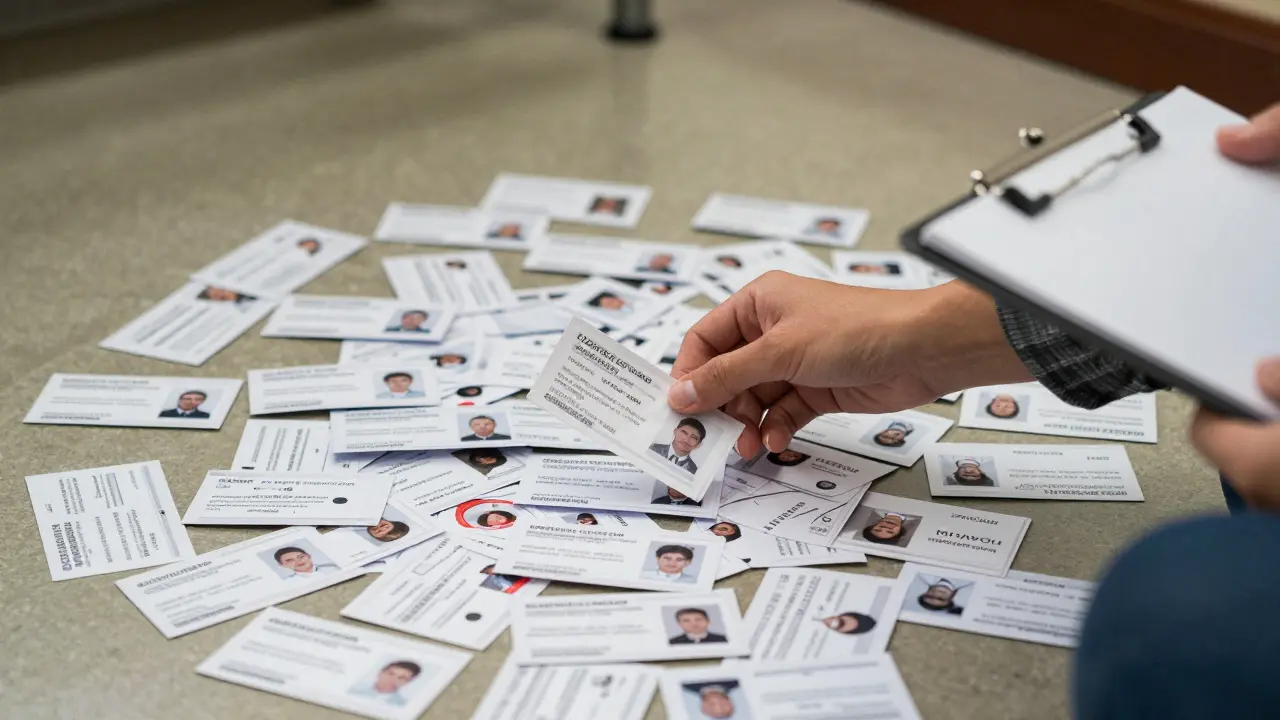 A single student's note among thousands of ID cards on a classroom floor.