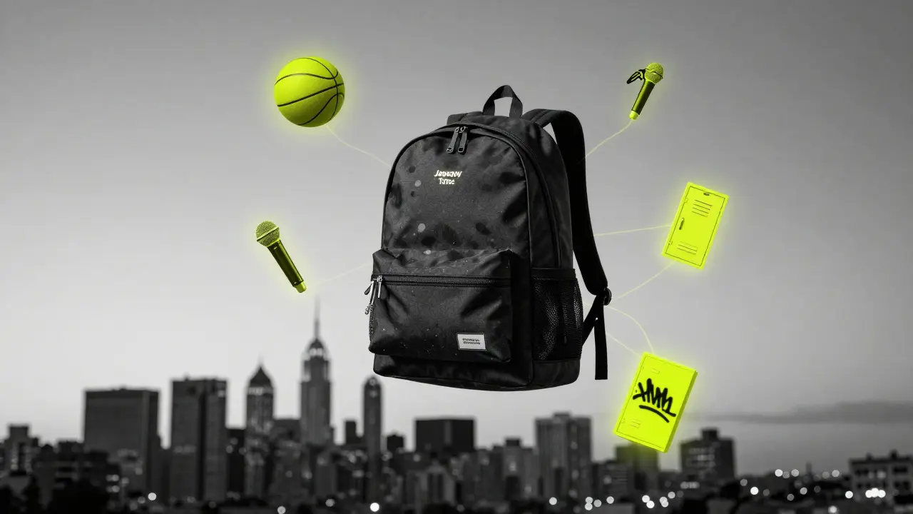 A Sprayground backpack floating above a city skyline with cultural icons surrounding it.