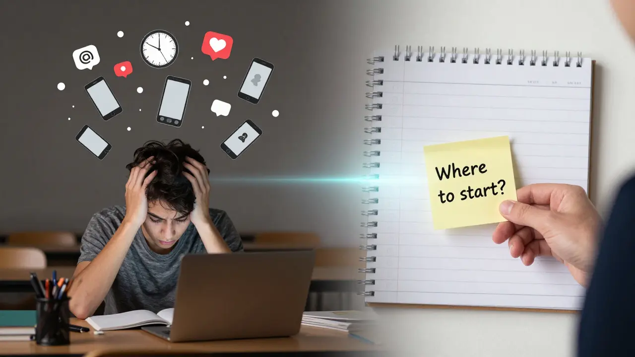 A student's mind split between distraction and focus, with a teacher's guidance offering direction.