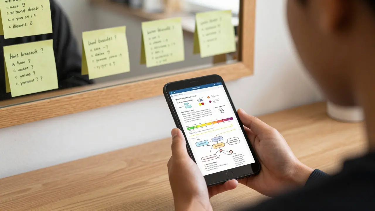 A student reviewing a compact digital study guide with icons and timelines, sticky notes on a mirror.
