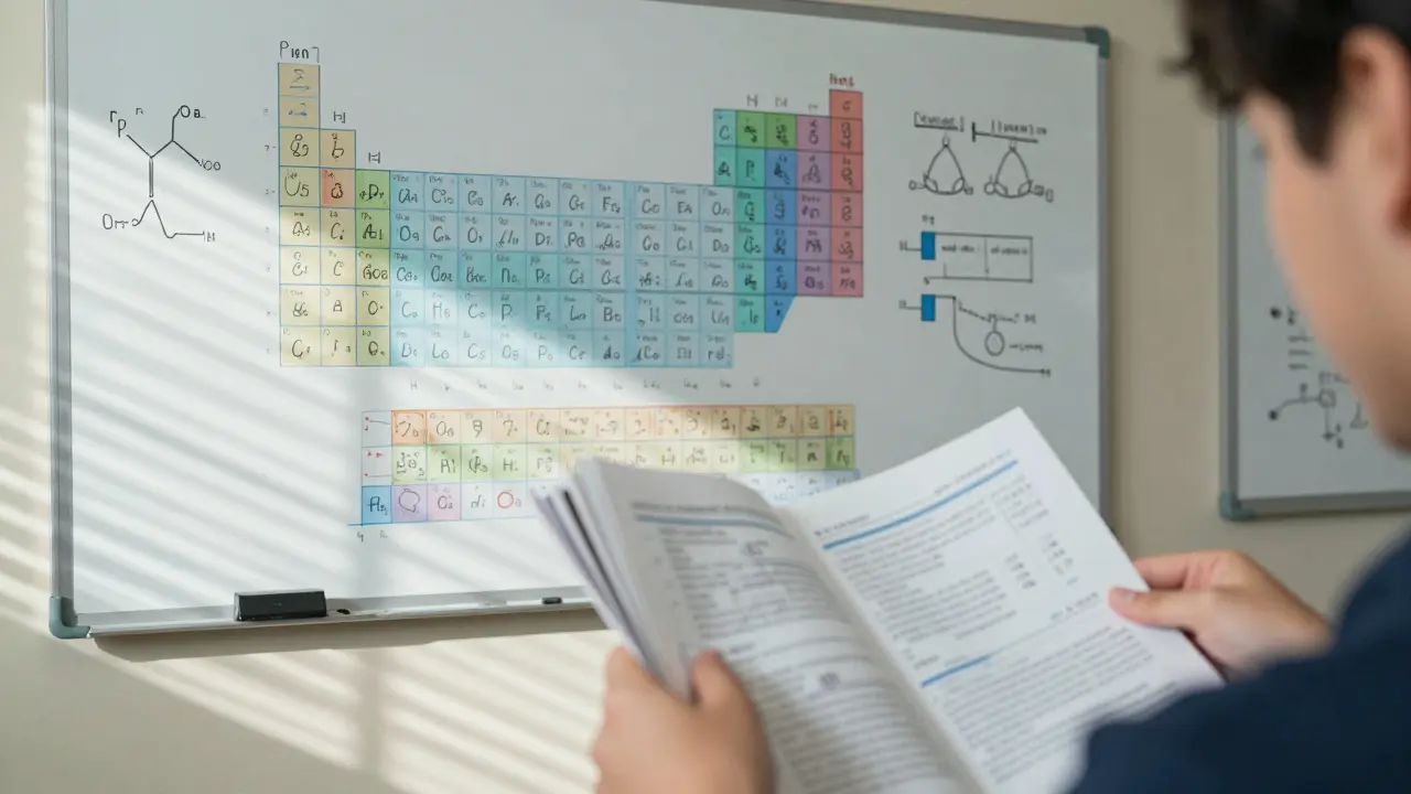 A student studying AP Chemistry with a stack of flashcards and open lab manuals under morning light.