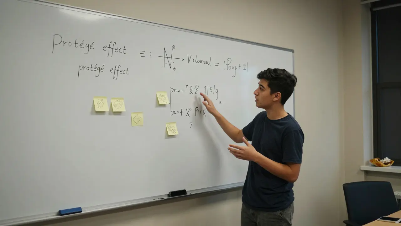 A student teaches a concept aloud to an empty room using a whiteboard full of notes.