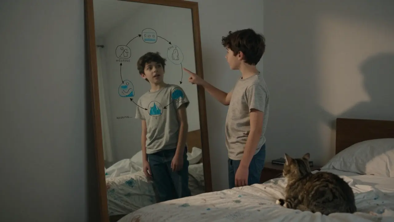 A student teaching themselves by speaking to a mirror while their cat watches quietly.