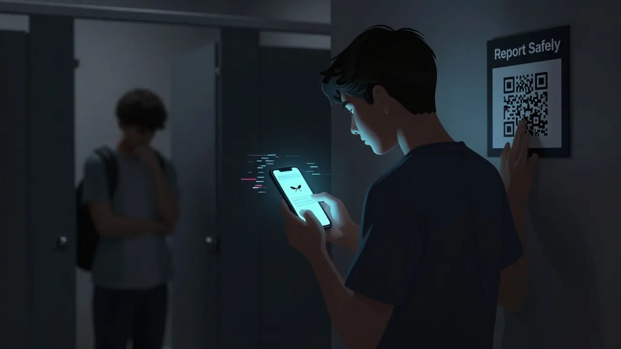 A student views a hurtful message on their phone in a school bathroom, near a safety QR code.