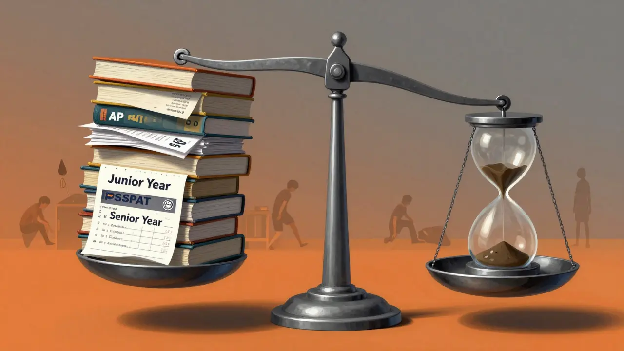 A symbolic scale comparing academic overload in junior year to emotional strain in senior year.
