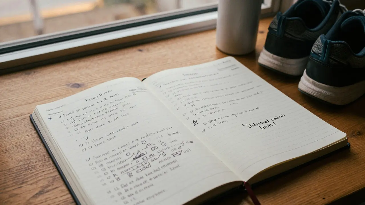 A weekly study tracker notebook shows progress with checkmarks and handwritten reflections.