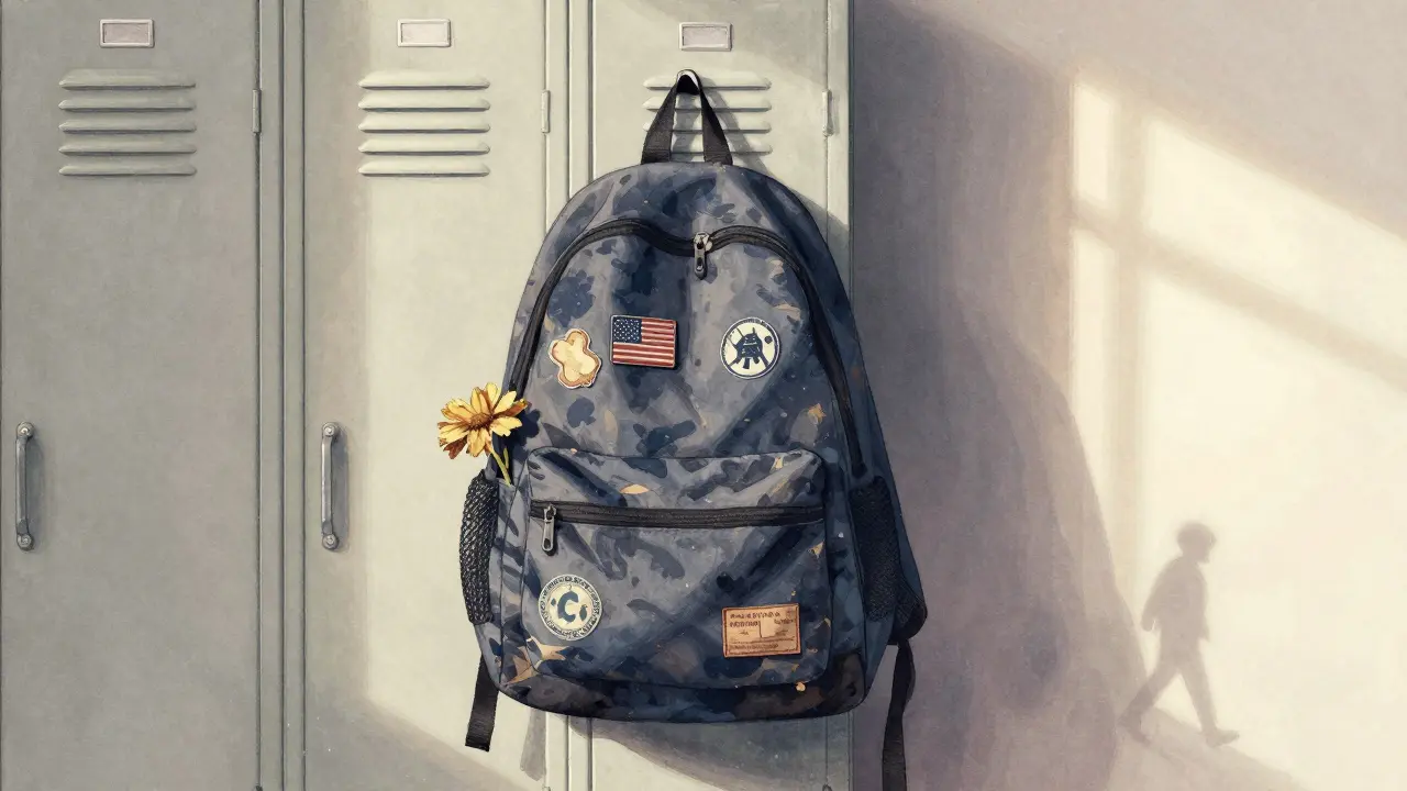 An empty backpack hanging on a locker, decorated with patches and a dried flower.