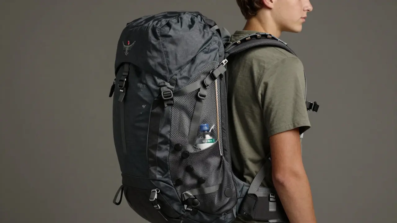 Close-up of a teen wearing an Osprey Atmos AG 65 backpack with ventilated back panel and adjustable straps.