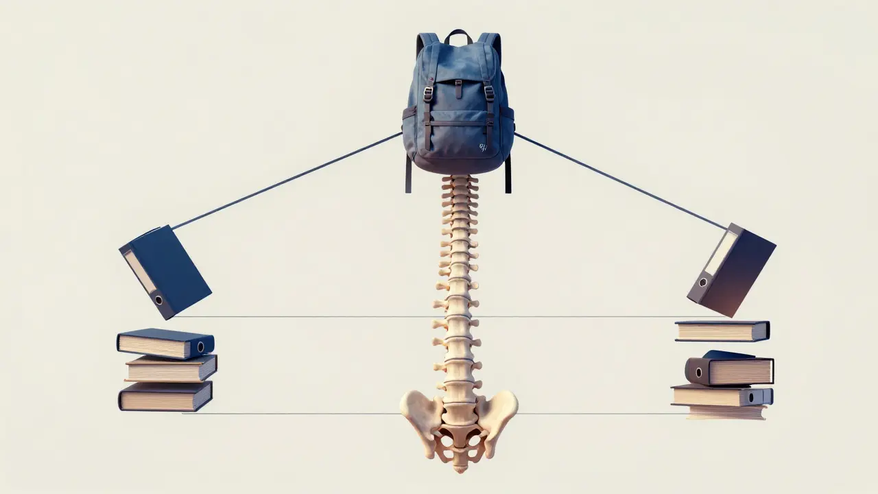 Conceptual image of a spine with backpack weight distributed evenly and 30% transferred to hip-level supports for ergonomic balance.