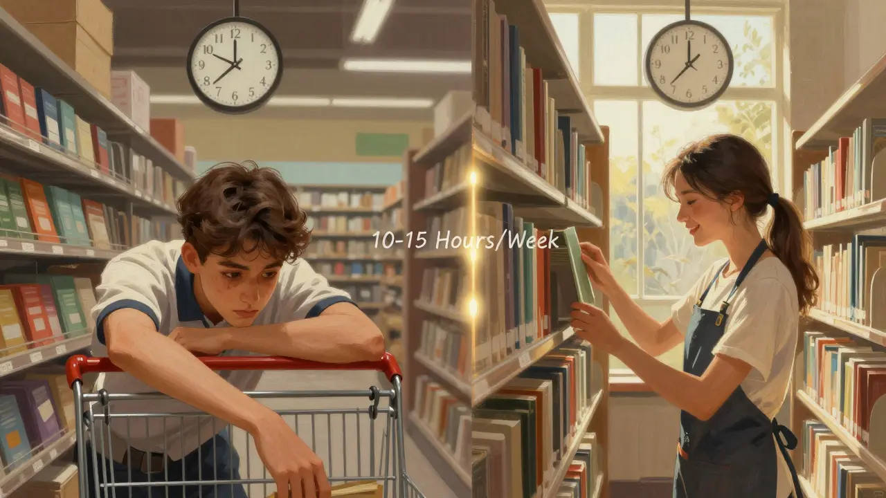 Contrasting images of a tired teen at a grocery store versus a calm teen working in a library.